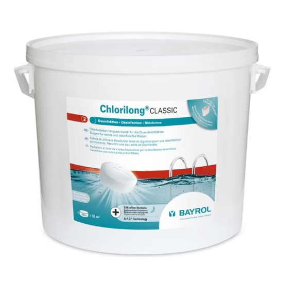 Chlorilong® Classic 10 kg Bayrol LANGZEITCHLOR | Chlorilong® Classic: Langsamlösliche Chlortablette 250 g mit hohem Aktivchlorgehalt zur Dauerdesinfektion des Schwimmbadwassers