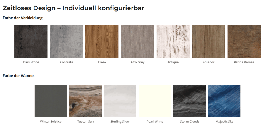 Farboptionen für Verkleidung und Wanne des Whirlpools in verschiedenen Designs und Farben.