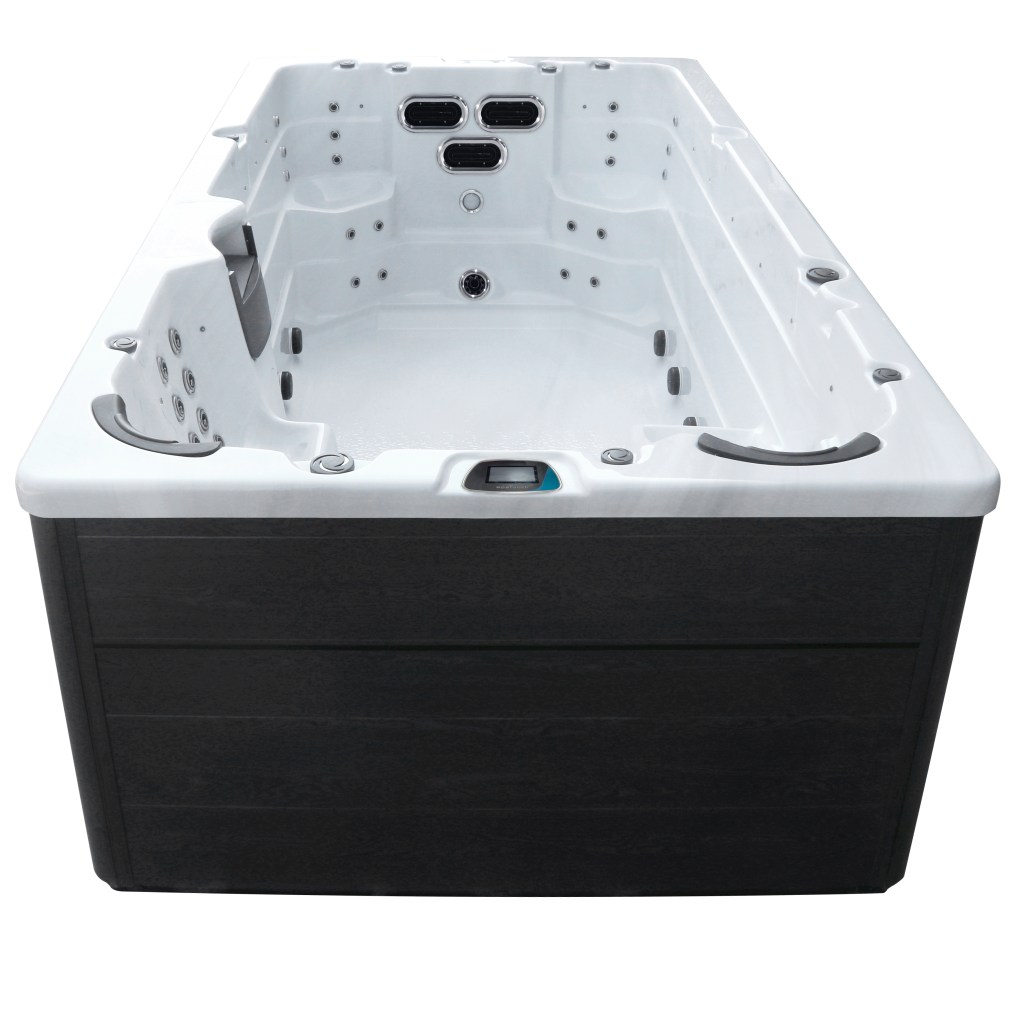 Bild des Swim SPA Odin mit hellem Innenraum und dunkler Außenverkleidung, ausgestattet mit mehreren Massagedüsen und einem intuitiven Bedienfeld.