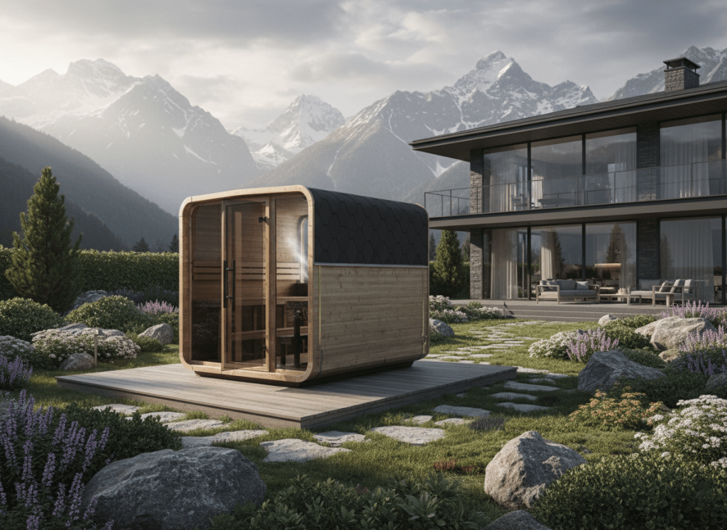 Moderne Außensauna QUADRA XL in einem Garten mit Bergpanorama, ausgestattet mit vollverglaster Front und sitzenden Saunabänken, umgeben von Blumen und einem Wohnhaus im Hintergrund.