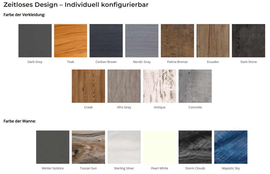 Ein Bild von einer Farbpalette für die Anpassung von Whirlpool-Außenverkleidungen und Innenfarbe.