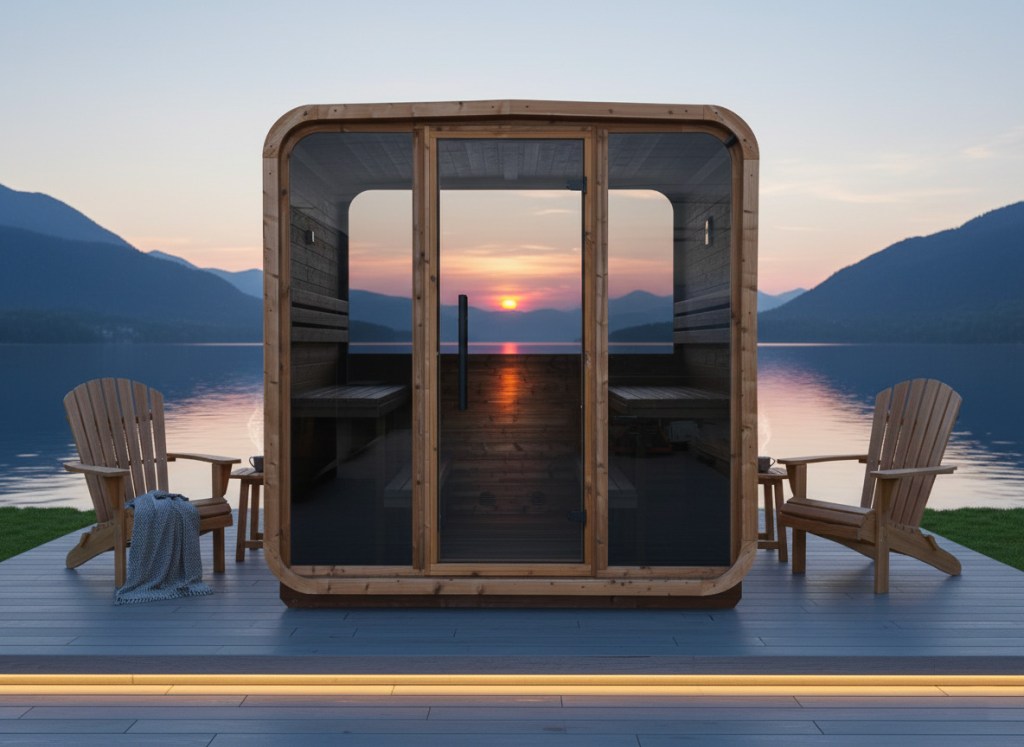 Moderne Außensauna QUADRA XL mit vollverglaster Front, umgeben von einem ruhigen See und Berglandschaft, platziert auf einer Holzterrasse.