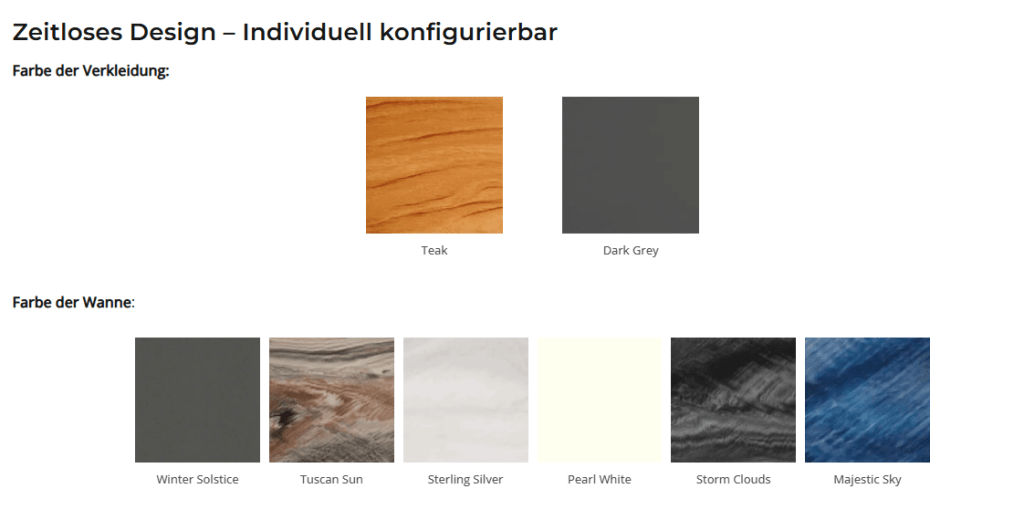 Farbauswahl für die Verkleidung und die Wanne eines Whirlpools, inklusive Teak, Dunkelgrau, Winter Solstice, Tuscan Sun, Sterling Silver, Pearl White, Storm Clouds und Majestic Sky.