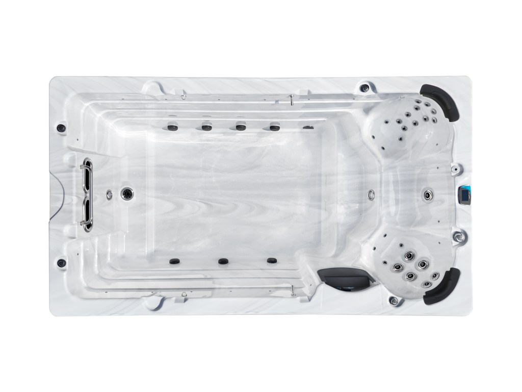 Obenansicht des Swim SPA Thor mit ergonomischen Sitzplätzen und Düsen für Hydrotherapie und Aquafitness.