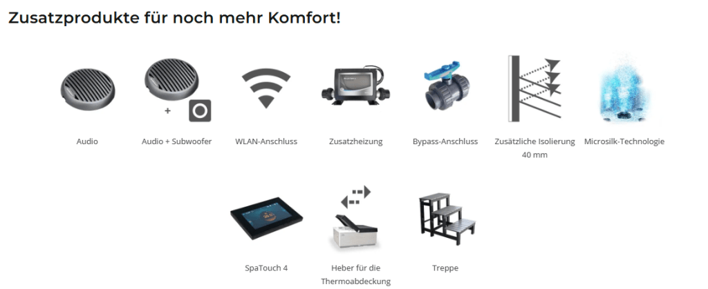 Ansicht eines HC1 Whirlpools für 5 Personen mit vier Sitzplätzen und einem Liegeplatz, ausgestattet mit farbiger LED-Beleuchtung und verschiedenen Düsen.