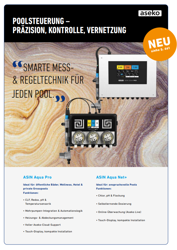 Das Bild zeigt das fortschrittlichste Dosier- und Steuergerät von Aseko mit CLF-, pH- und Redox-Sonden sowie Informationen zu den Funktionen und Anwendungsbereichen.